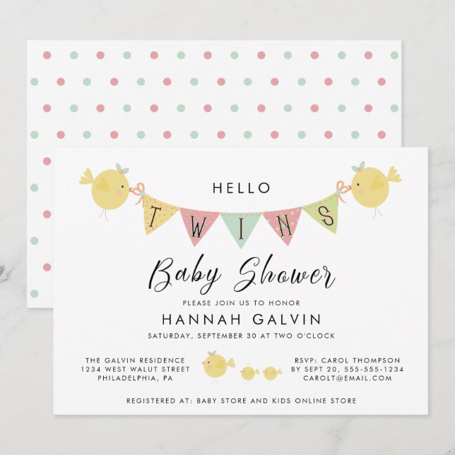 Twins Baby Shower | Mama Bird & Chicks Invitation (Front/Back)