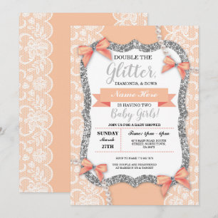 Twins Baby Shower Peach Lace Glitter Girl Bows Invitation