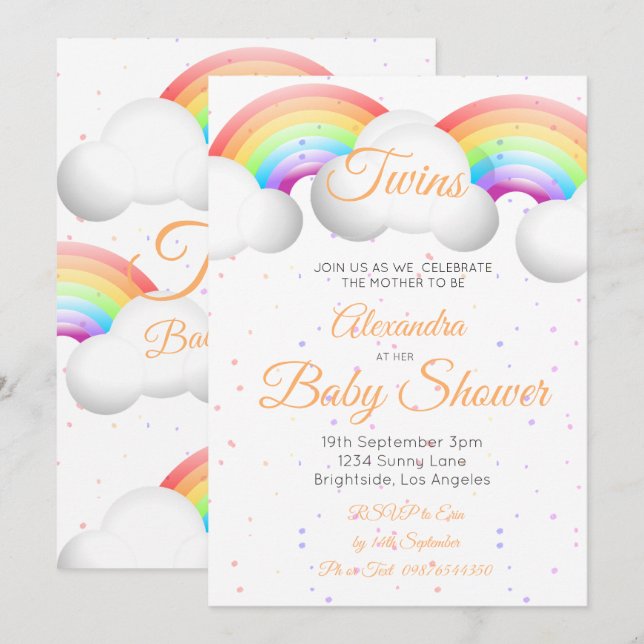 Twins Baby Shower Rainbow Clouds Colourful Spots Invitation (Front/Back)