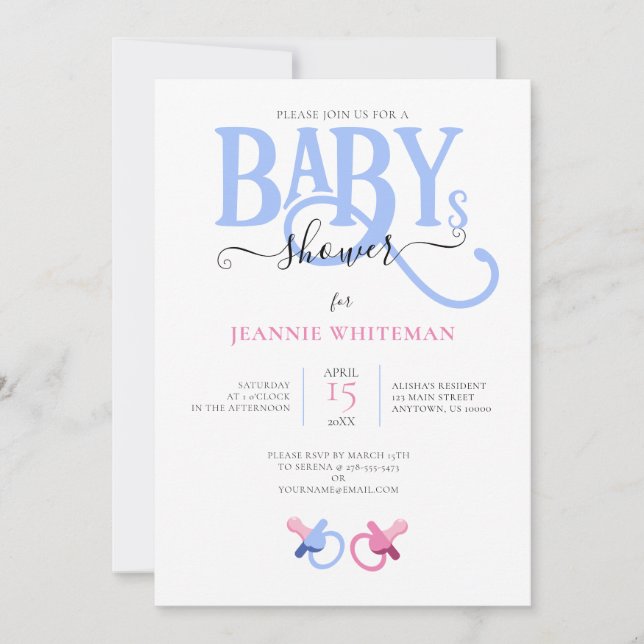 TWINS BABY SHOWER WITH PINK & BLUE PACIFIER INVITATION (Front)