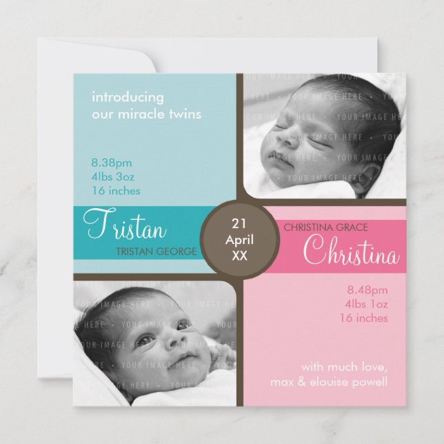 TWINS BABY THANK YOU :: cherished 1SQ Invitation (Front)