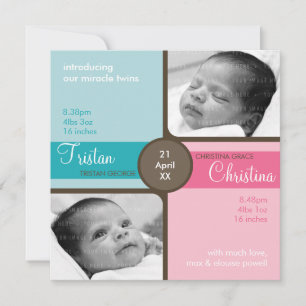 TWINS BABY THANK YOU :: cherished 1SQ Invitation