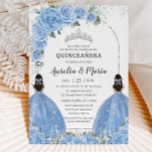 Twins Bahama Blue Floral Dress Silver Quinceañera  Invitation<br><div class="desc">This chic Quinceañera / Sweet 16 birthday invitation features a silver glitter geometric frame adorned by delicate watercolor bahama sky blue floral, soft greenery and two girls in lovely bahama blue dresses. Personalise it easily and quickly. Simply click the Edit Using Design Tools button to further edit the text, wording,...</div>