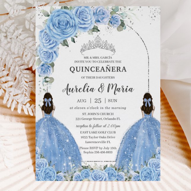 Twins Bahama Blue Floral Dress Silver Quinceañera  Invitation (Creator Uploaded)