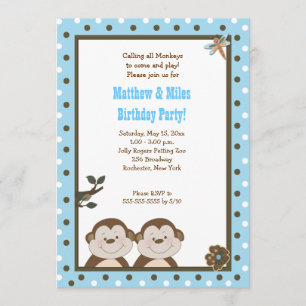 TWINS Bambino Monkey 5x7 Birthday Invitation
