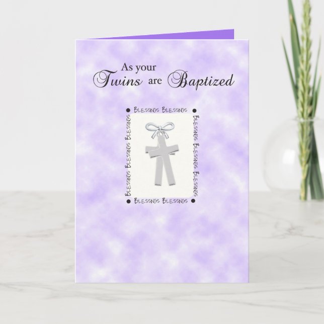 Twins Baptism Card on Medium Purple with 2 Crosses (Front)