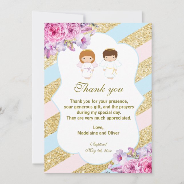 Twins Baptism Communion Thank You Cards Angels (Front)