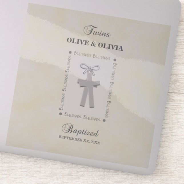 Twins Baptism on Yellow 2 Crosses Personalised (Detail)