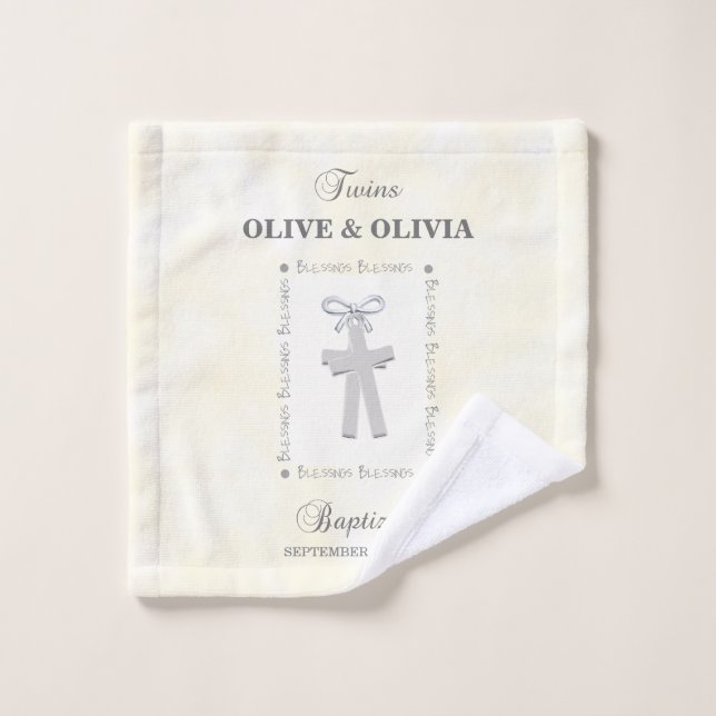 Twins Baptism on Yellow 2 Crosses Personalised Wash Cloth (Wash Cloth)