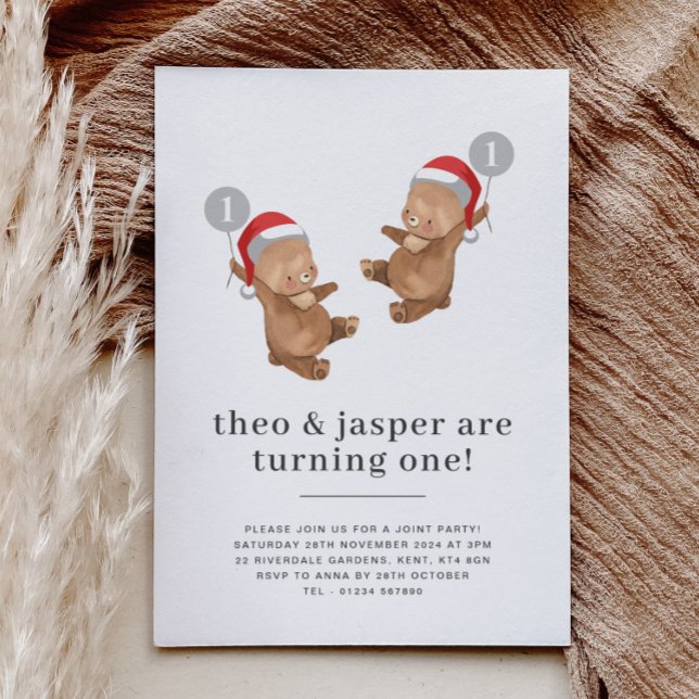 Twins Bear Balloon Santa Hat First Birthday Invitation (Twins Bear Balloon Santa Hat First Birthday Invitation)