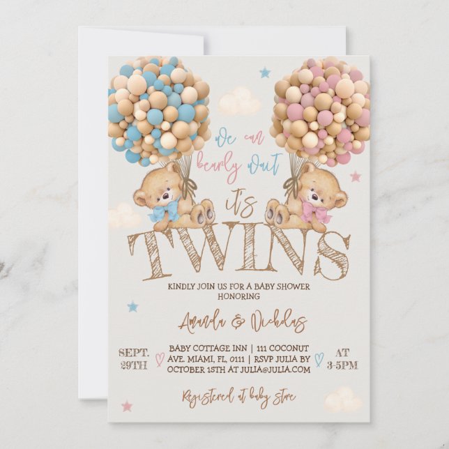 Twins Bear Balloons Baby Shower  Invitation (Front)