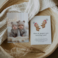 Twins Bear Santa Hat First Birthday Photo