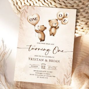Twins Bear-y First Birthday  Invitation