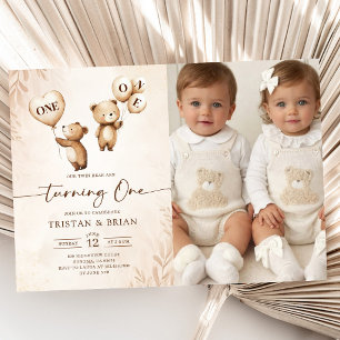 Twins Bear-y First Photo Birthday  Invitation