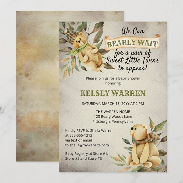 Twins Bearly Wait Woodland Teddy Bear Baby Shower Invitation (Front/Back)