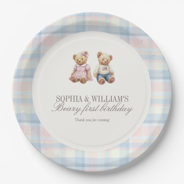 Twins Beary First Teddy Bear Birthday Plates  (Front)