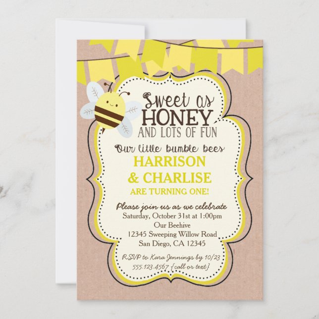 Twins Bees Bee Birthday Invitation for boy or girl (Front)