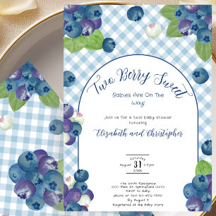 Twins Berry Sweet Blue Gingham Baby Shower Invitation