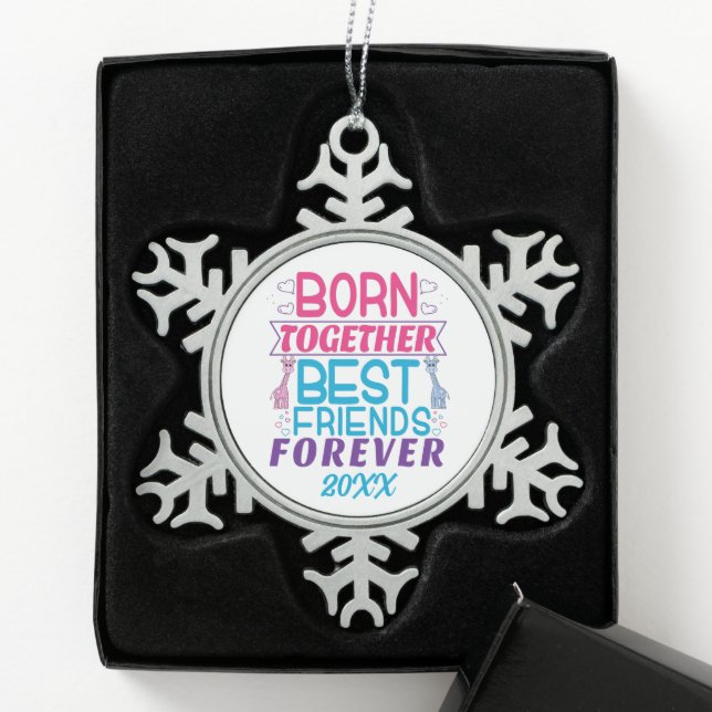 Twins Best Friends Forever - Boy and Girl Snowflake Pewter Christmas Ornament (Box)