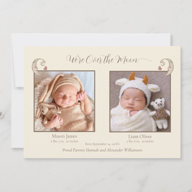 Twins Birth Announcement Over The Moon Photo Card (Front)