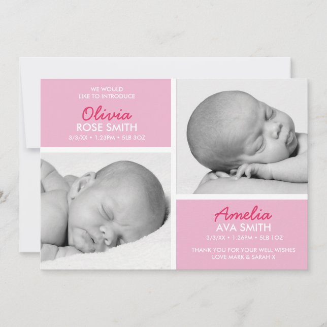 Twins birth announcement/thank you card (Front)