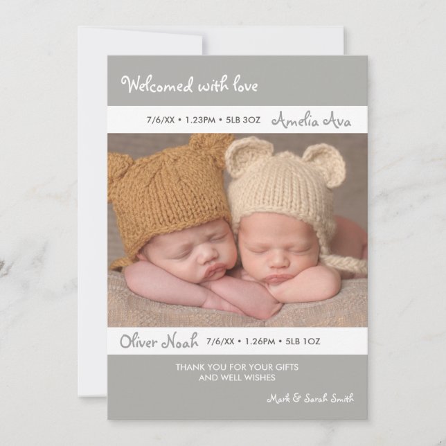 Twins birth announcement/thank you card (Front)