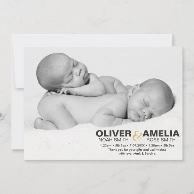 Twins birth announcement/thank you card (Front)