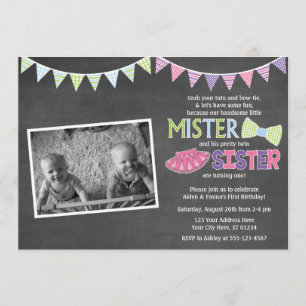 Twins Birthday Invitation - Tutus and Ties Invite