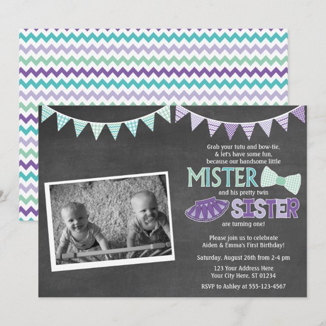 Twins Birthday Invitation | Tutus and Ties Invite (Front/Back)