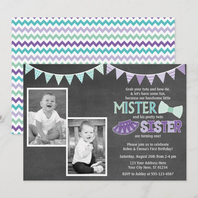 Twins Birthday Invitation | Tutus and Ties Invite (Front/Back)