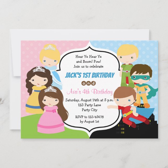 Twins Birthday Invitations (Princess Superhero) (Front)