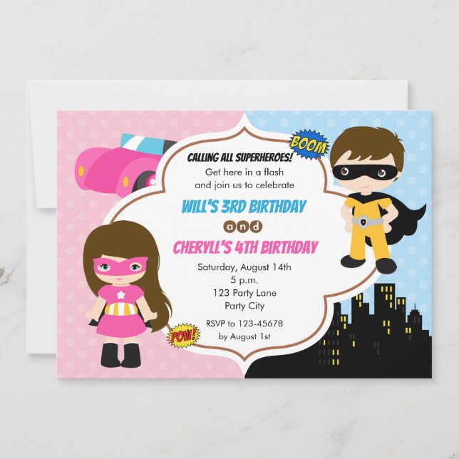 Twins Birthday Invitations (Superhero Boy Girl) (Front)