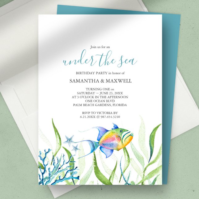 Twins Birthday Party Cute Tropical Watercolor Invitation (twins birthday under the sea gender neutral tropical fish watercolor)