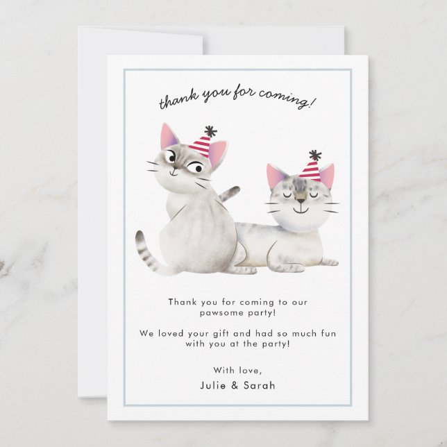Twins Birthday Party Pawsome Cats Thank You Card (Front)