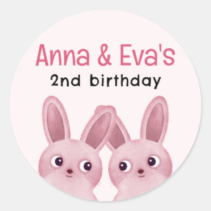 Twins Birthday Party with Pink Baby Bunnies Classic Round Sticker