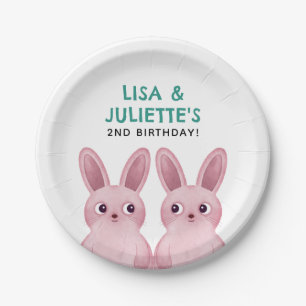 Twins birthday party with two pink bunny girls paper plate