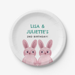 Twins birthday party with two pink bunny girls paper plate