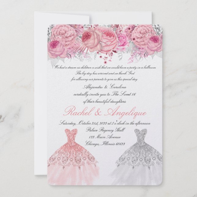 Twins Birthday Pink and Gold Invitation (Front)