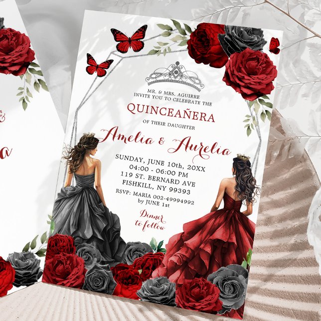 Twins Black and Red Burgundy Floral Quinceañera Invitation (Creator Uploaded)