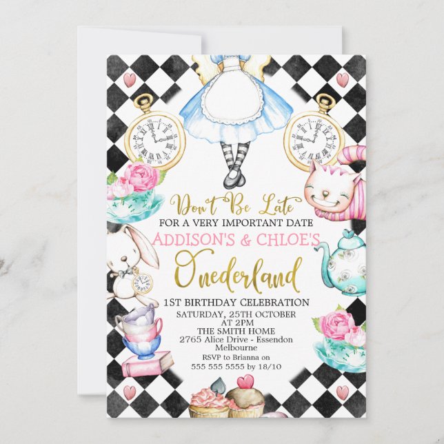 Twins Black Diamond Alice In Onderland Birthday Invitation (Front)