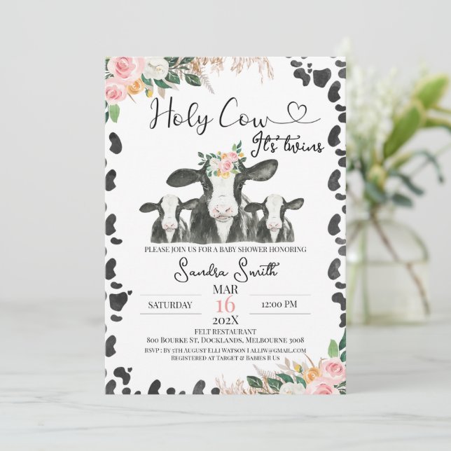 Twins Black White Cow Calves Floral Baby Shower Invitation (Standing Front)