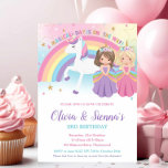 Twins Blonde Brunette Princesses Unicorn Birthday Invitation<br><div class="desc">Whimsical Twins Princess and Unicorn Birthday Party Invitation, featuring a rainbow unicorn and lovely princesses. Personalise this awesome Princess and Unicorn Party Invitation with your party details easily and quickly, simply press the customise it button to further re-arrange and format the style and placement of the text. Exclusive design (c)...</div>