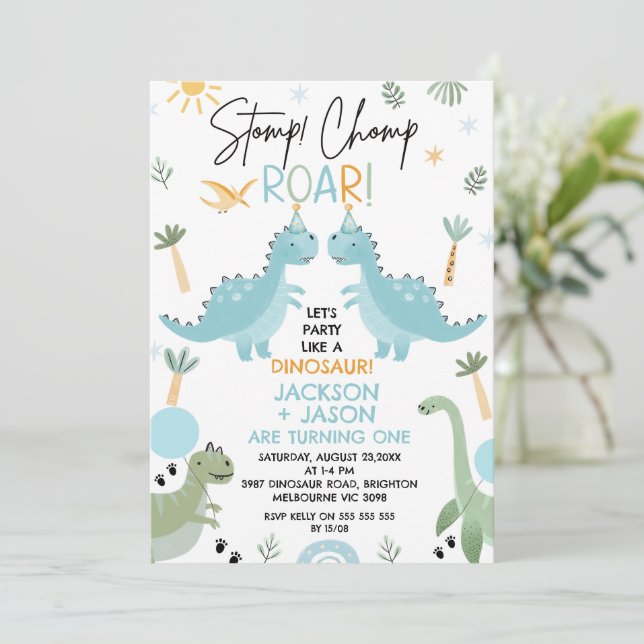 Twins Blue Green Party Like A Dinosaur Birthday Invitation (Standing Front)