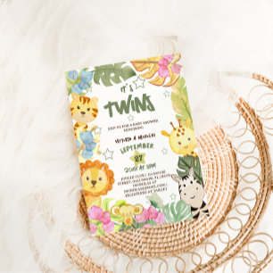 Twins Boho Safari Animals Baby Shower Invitation