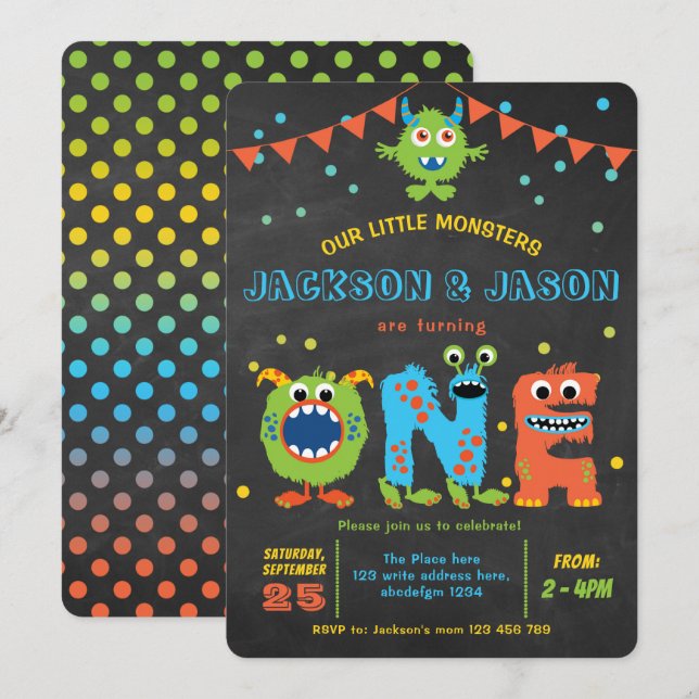Twins boy 1st birthday little monsters party invitation (Front/Back)