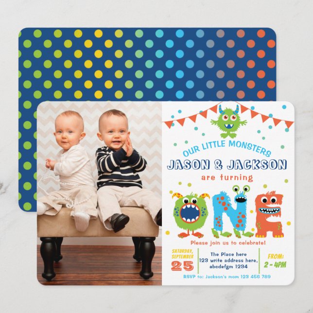 Twins boy 1st birthday monster party photo invitation (Front/Back)
