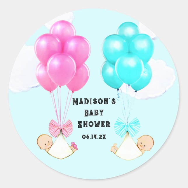 Twins Boy and Girl Baby Shower Classic Round Sticker (Front)