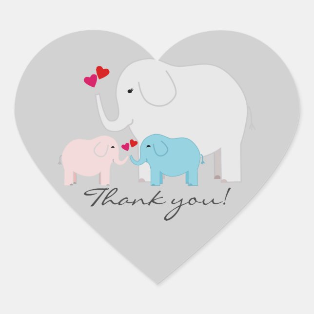 Twins Boy and Girl Elephant Thank You Stickers (Front)