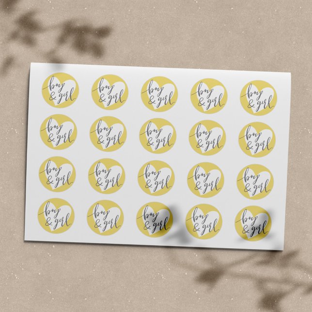 Twins "Boy and Girl" Grey Yellow White Heart Classic Round Sticker (Creator Uploaded)