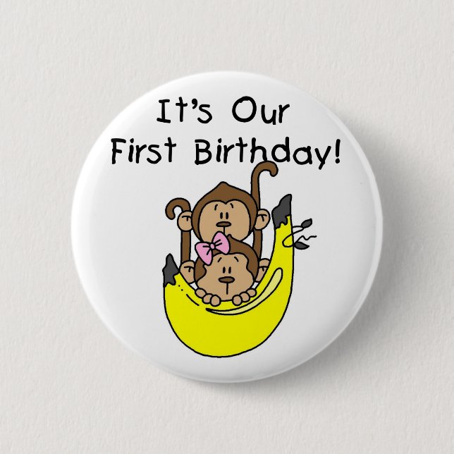 Twins - Boy and Girl Monkey 1st Birthday 6 Cm Round Badge (Front)